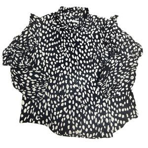 Chico’s Black White Abstract Print Ruffle Sleeve Blouse Women’s Size 2 (L/12)